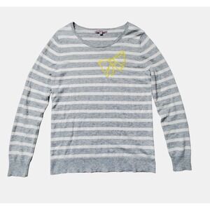 GAP Wool Nylon Blend Striped Knit Pullover Sweater Bow Print Womens L Gray White